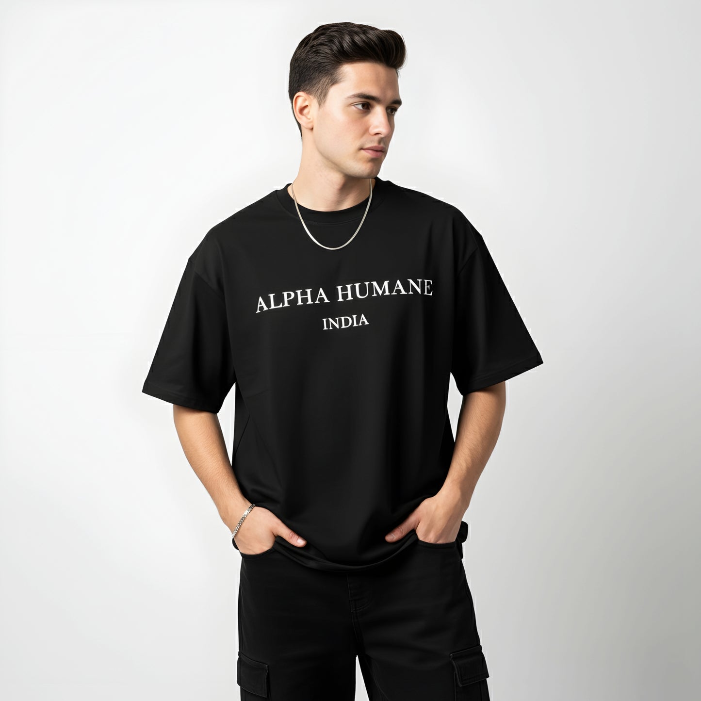 Oversized T-shirt - Alpha Humane India Print (Black) |