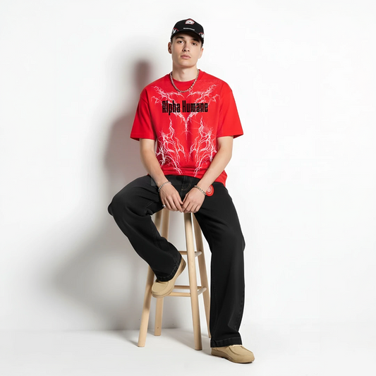 Oversized T-shirt - Thunder Print (Red) | Alpha Humane
