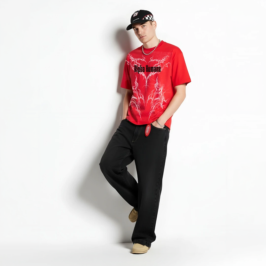 Oversized T-shirt - Thunder Print (Red) | Alpha Humane